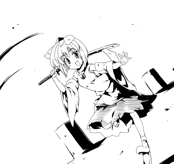 kiku hitomoji, tora tooru, toru tooru, inubashiri momiji, touhou, 1girl, female focus, geta, greyscale, monochrome, solo, sword, tengu-geta, weapon, wolf ears