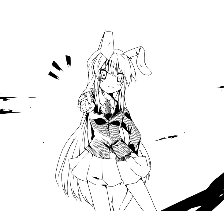 kiku hitomoji, tora tooru, toru tooru, reisen udongein inaba, touhou, 1girl, animal ears, female focus, greyscale, monochrome, pointing, rabbit ears, solo