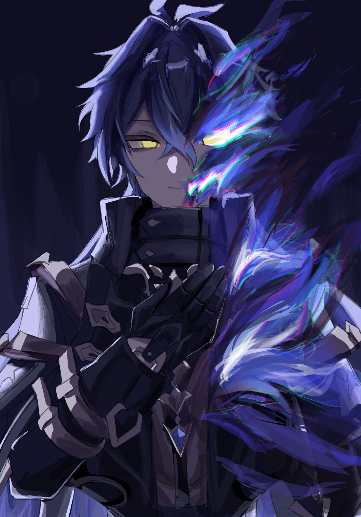 flins (genshin impact), genshin impact, commentary, hashtag-only commentary, highres, 1boy, antenna hair, black coat, black gloves, blue fire, closed mouth, coat, crossed bangs, double-parted bangs, empty eyes, fire, gloves, hair between eyes, hand on own chest, long sleeves, looking to the side, machico 1205, male focus, sideways glance, solo, upper body, yellow eyes