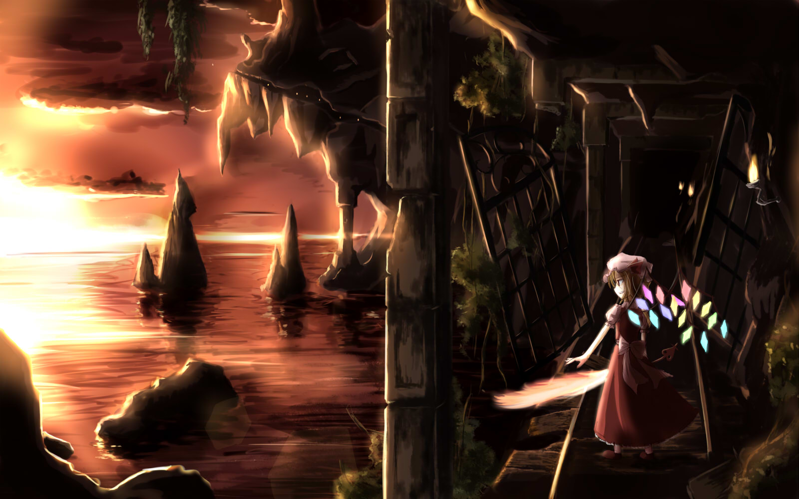 mashayuki, flandre scarlet, touhou, highres, 1girl, blonde hair, female focus, fire, hat, laevatein, red eyes, ruins, scenery, solo, sunset, sword, water, weapon, wings