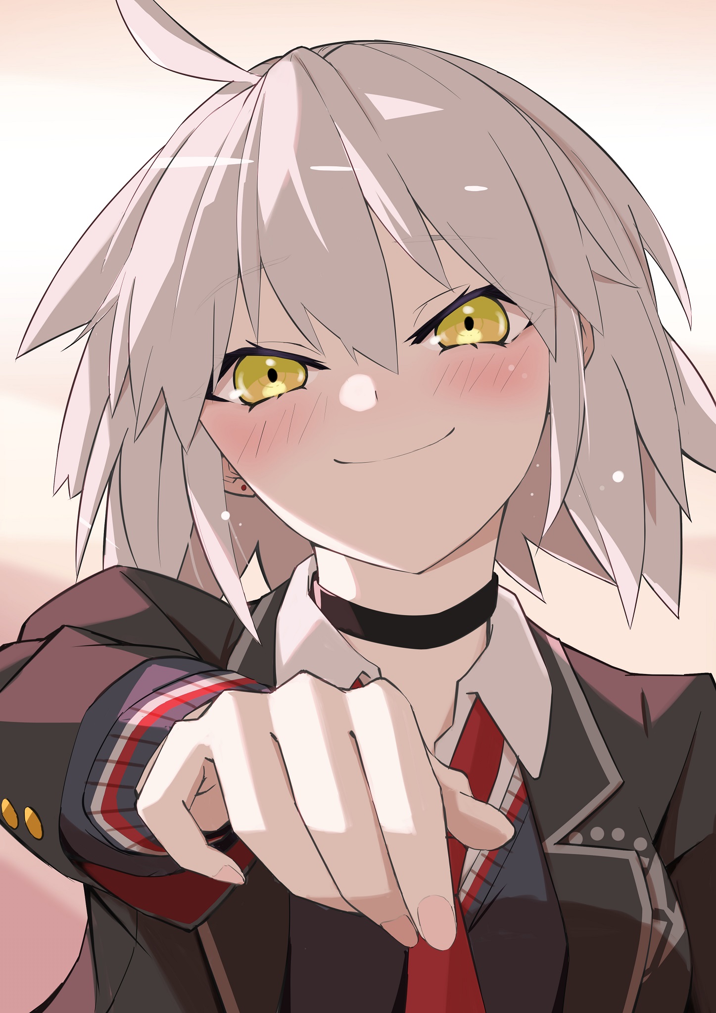 hamao 1, jeanne d'arc alter (fate), fate/grand order, fate (series), hashtag-only commentary, highres, 1girl, ahoge, black cardigan, black choker, black jacket, blush, cardigan, choker, closed mouth, collared shirt, fingernails, grey hair, hair between eyes, id (fate/grand order), jacket, long sleeves, looking at viewer, necktie, official alternate costume, open clothes, open jacket, pink nails, pseudo-tokyo school uniform, reaching, reaching towards viewer, red necktie, school uniform, shirt, short hair, smile, solo, white shirt, yellow eyes