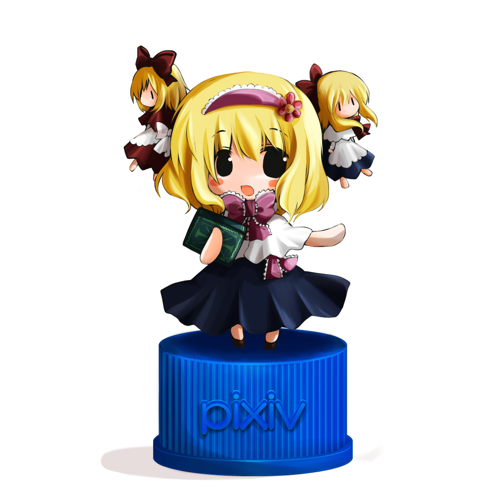 futami yayoi, alice margatroid, hourai doll, shanghai doll, touhou, 1girl, black eyes, blonde hair, book, chibi, female focus, pixiv bottlecap, solo