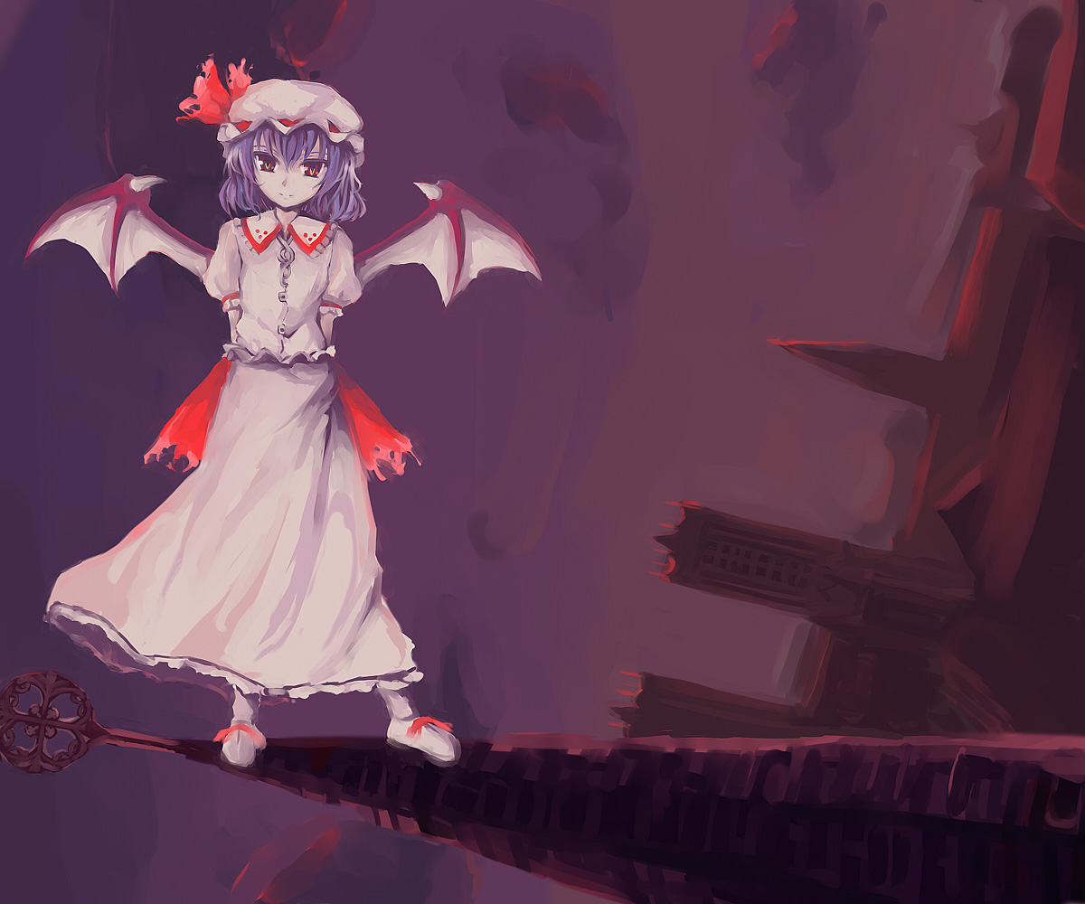 interstellar, remilia scarlet, touhou, 1girl, female focus, hat, outdoors, skirt, sky, solo, wings