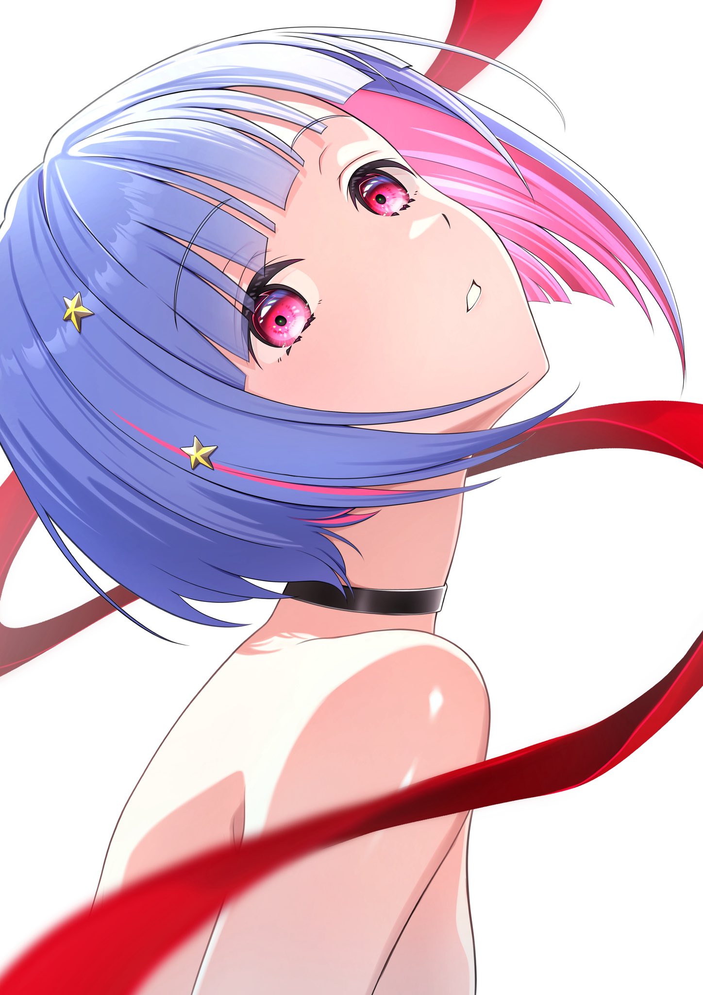 osafune katsuobushi kobo, yugiri tsuzuri, link! like! love live!, love live!, commentary request, highres, 1girl, black choker, bob cut, choker, colored inner hair, hair ornament, inverted bob, multicolored hair, nude, parted lips, pink eyes, pink hair, red ribbon, ribbon, short hair, simple background, solo, star (symbol), star hair ornament, streaked hair, virtual youtuber, white background, white hair