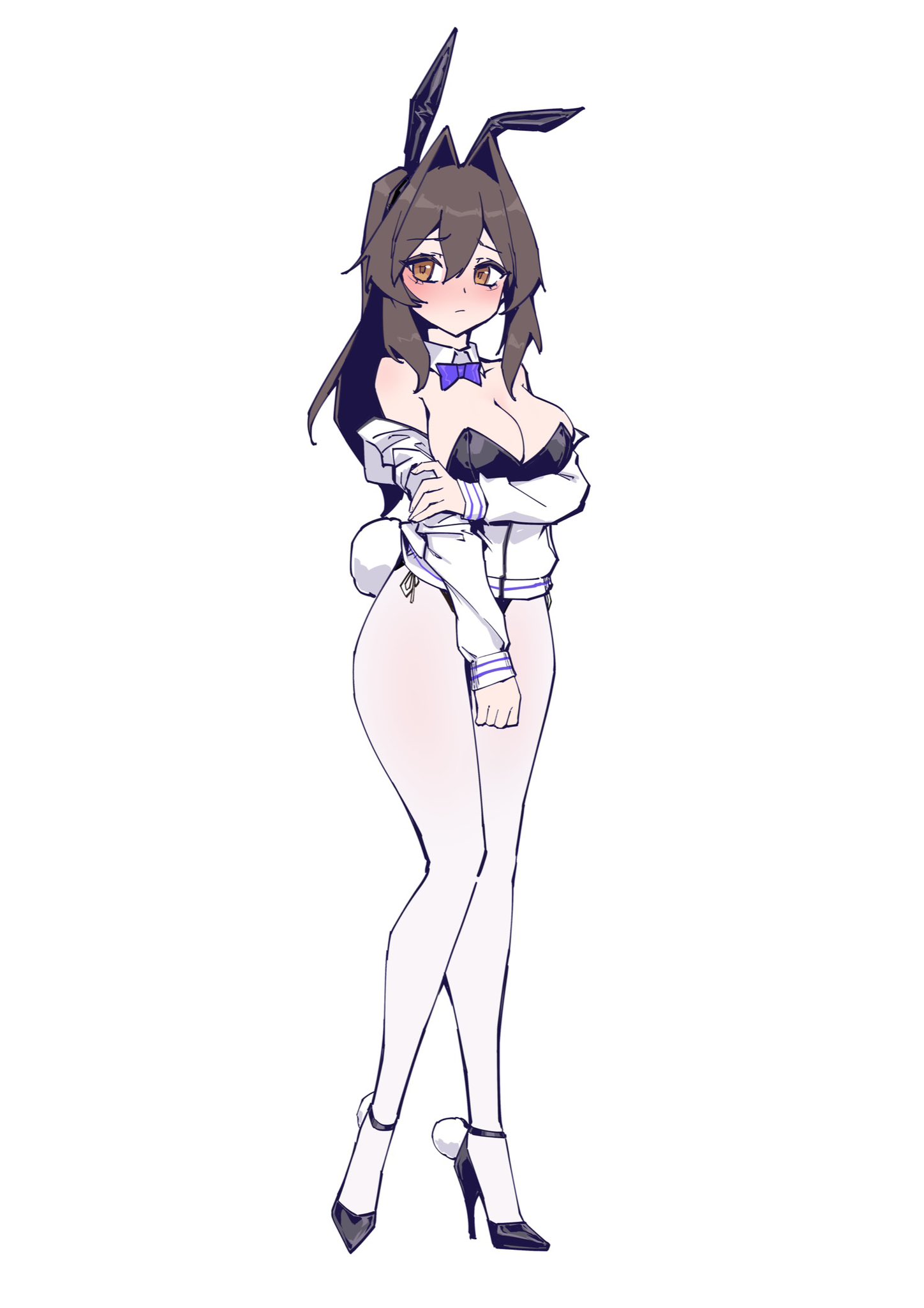 stank, original, highres, 1girl, animal ears, bare shoulders, black leotard, black shoes, blush, bow, bowtie, breasts, brown eyes, brown hair, cleavage, collar, d'orsay heels, full body, high heels, jacket, large breasts, leotard, long hair, looking at viewer, nose blush, pantyhose, playboy bunny, purple bow, purple bowtie, rabbit ears, rabbit tail, rabbit tail footwear, shoes, standing, tail, white collar, white jacket, white pantyhose