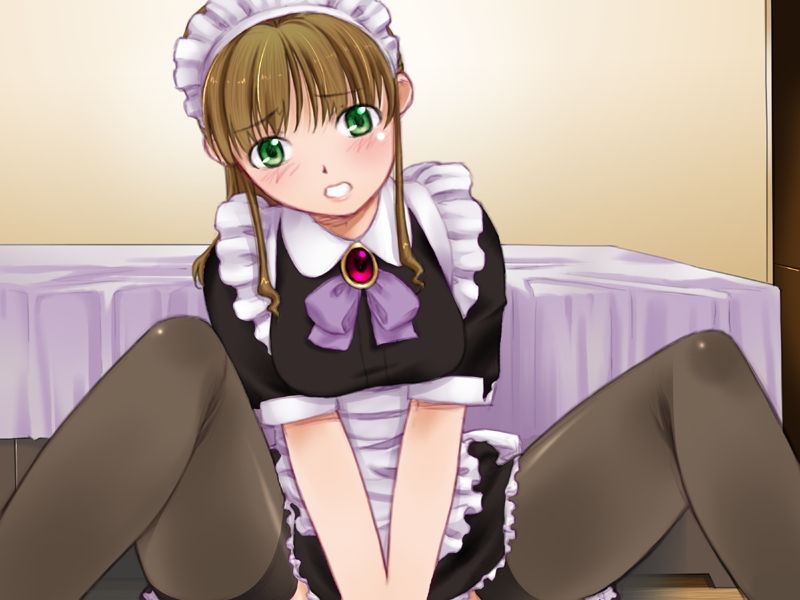 kiriyama taichi, nagisa (maid in heaven), maid in heaven, game cg, 1girl, blush, brown hair, female focus, green eyes, maid, sitting, solo, spread legs, thighhighs