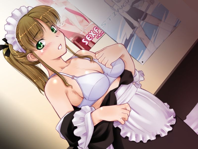 kiriyama taichi, nagisa (maid in heaven), maid in heaven, game cg, 1girl, blush, bra, breasts, brown hair, cleavage, female focus, green eyes, large breasts, lingerie, maid, ponytail, poster (object), solo, underwear, undressing