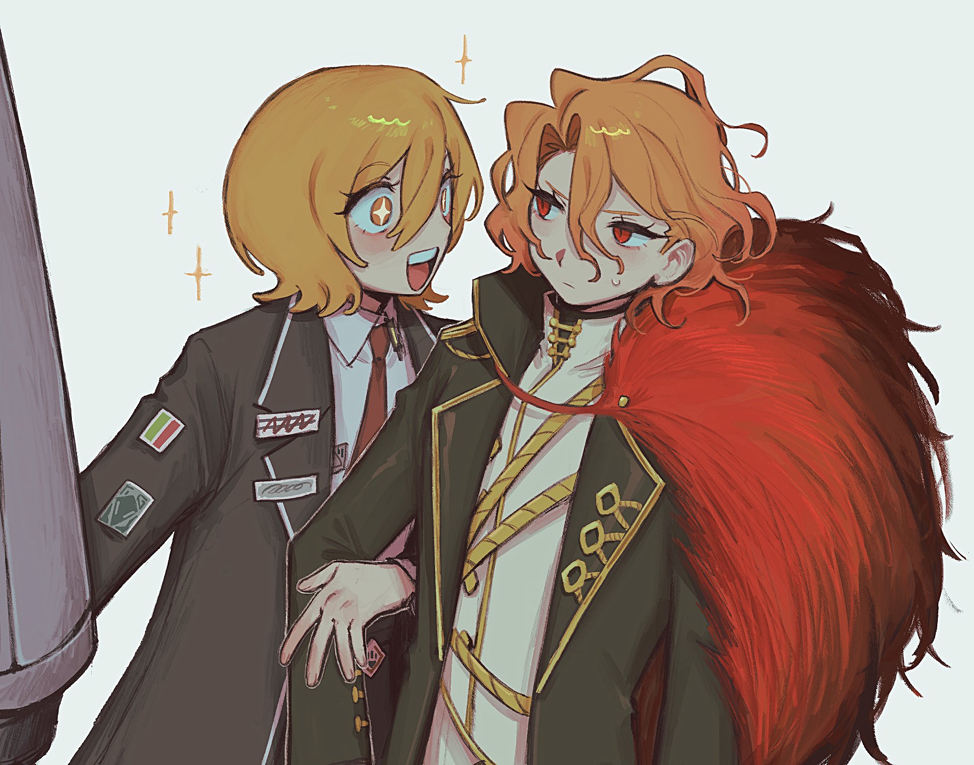 yobunkiii, don quixote (project moon), sancho (project moon), limbus company, project moon, highres, + +, 2girls, :d, black coat, blonde hair, coat, collared shirt, feather boa, gold trim, holding, holding polearm, holding weapon, lapels, locked arms, long sleeves, looking at another, multiple girls, necktie, notched lapels, open mouth, parted bangs, polearm, red eyes, red necktie, shirt, short hair, simple background, smile, sweatdrop, upper body, weapon, white background, white shirt, yellow eyes