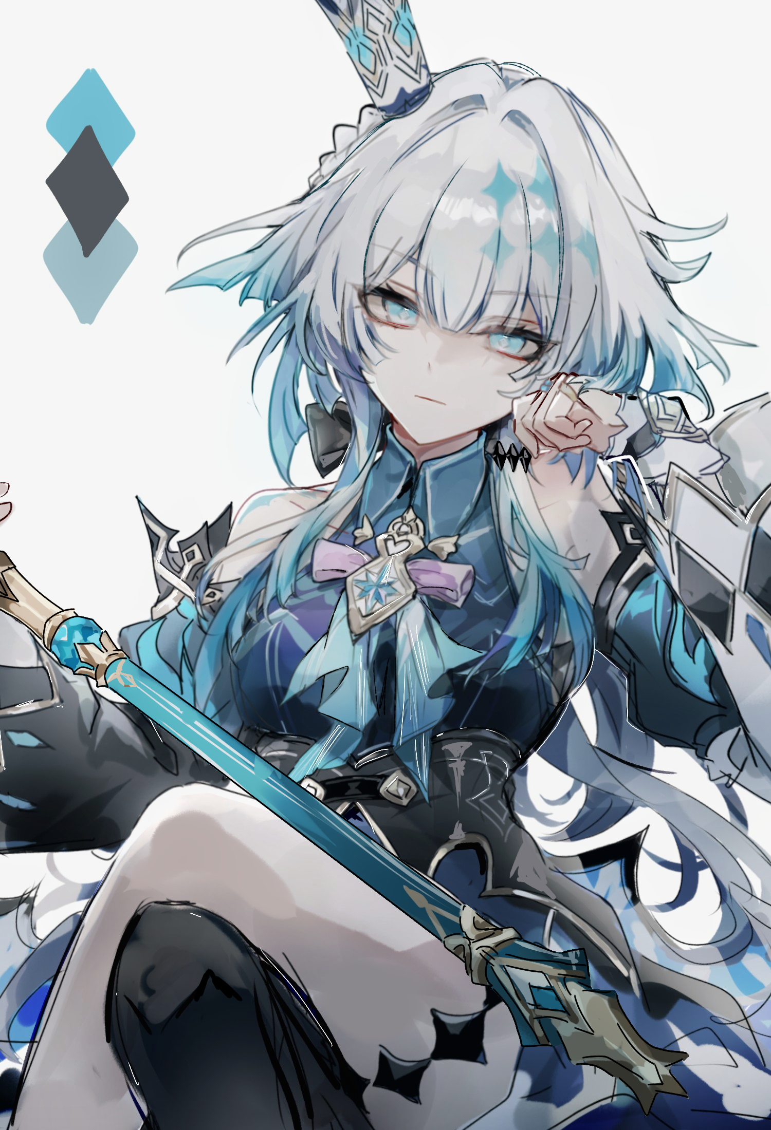 mulihaohao, cerydra (honkai: star rail), honkai: star rail, honkai (series), chinese commentary, commentary request, highres, 1girl, black thighhighs, blue dress, blue eyes, blue hair, breasts, closed mouth, crossed legs, crown, detached sleeves, dress, hair intakes, holding, holding scepter, long hair, medium breasts, scepter, single thighhigh, sitting, solo, thighhighs, very long hair, white background
