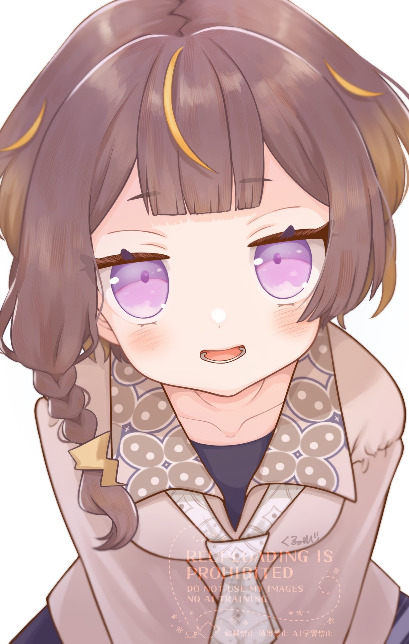 usagikurumi777, anya melfissa, anya melfissa (indonesian casual), hololive, hololive indonesia, highres, 1girl, :d, batik, blouse, braid, brown hair, brown shirt, close-up, kris hair ornament, looking at viewer, neckerchief, open mouth, purple eyes, shirt, short hair, side braid, simple background, smile, solo, virtual youtuber, white background, white neckerchief