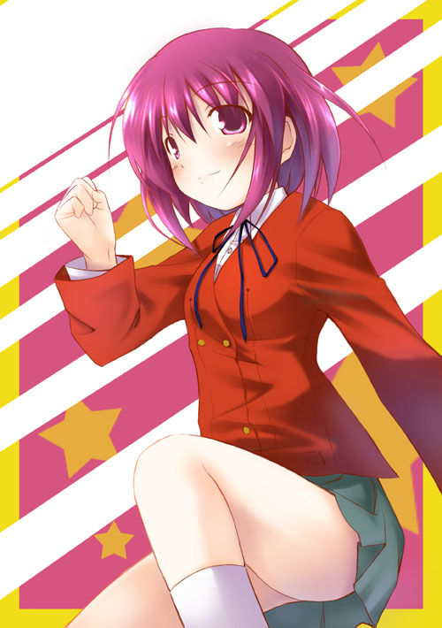 dousaki shin'ya, kushieda minori, toradora!, 00s, 1girl, blazer, female focus, green skirt, jacket, kneehighs, legs, long sleeves, looking at viewer, miniskirt, pink eyes, pink hair, pleated skirt, red eyes, red hair, red jacket, school uniform, short hair, skirt, socks, solo, thighs, white socks