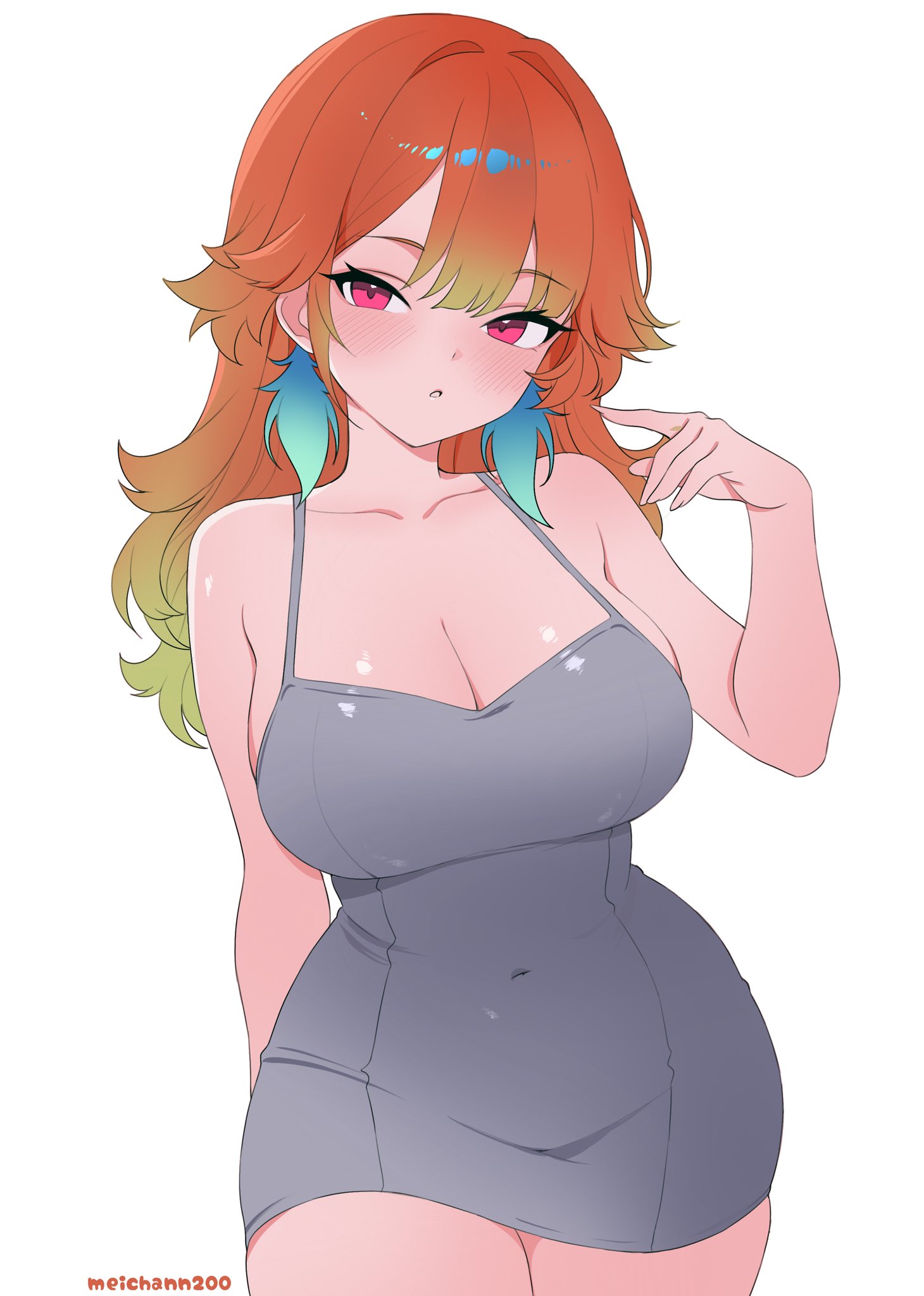 meichan, takanashi kiara, hololive, hololive english, highres, 1girl, arm behind back, breasts, cleavage, collarbone, covered navel, cowboy shot, curvy, dress, earrings, feather earrings, feathers, gradient hair, grey dress, hand up, jewelry, large breasts, looking at viewer, multicolored hair, orange hair, parted lips, purple eyes, short dress, simple background, solo, taut clothes, taut dress, thighs, virtual youtuber, white background