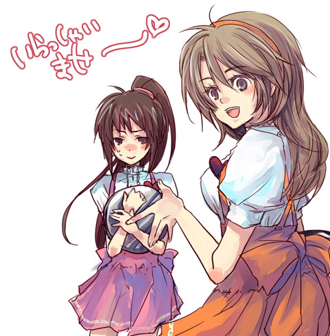 yuzumi, koizumi itsuki, koizumi itsuki (female), kyon, kyonko, anna miller, suzumiya haruhi no yuuutsu, bad id, bad pixiv id, gender request, lowres, 00s, 2girls, dress, genderswap, multiple girls, orange dress, orange skirt, ponytail, skirt, waitress