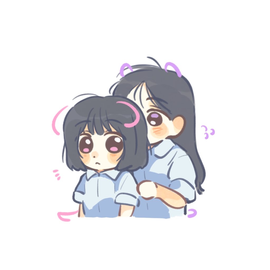 woodonly, hanni (newjeans), hyein (newjeans), newjeans, real life, commentary, 2girls, animification, black hair, blush, collared shirt, drawn ears, drawn tail, frown, long hair, looking at another, multiple girls, notice lines, parted bangs, pink eyes, purple eyes, shirt, short hair, short sleeves, white shirt