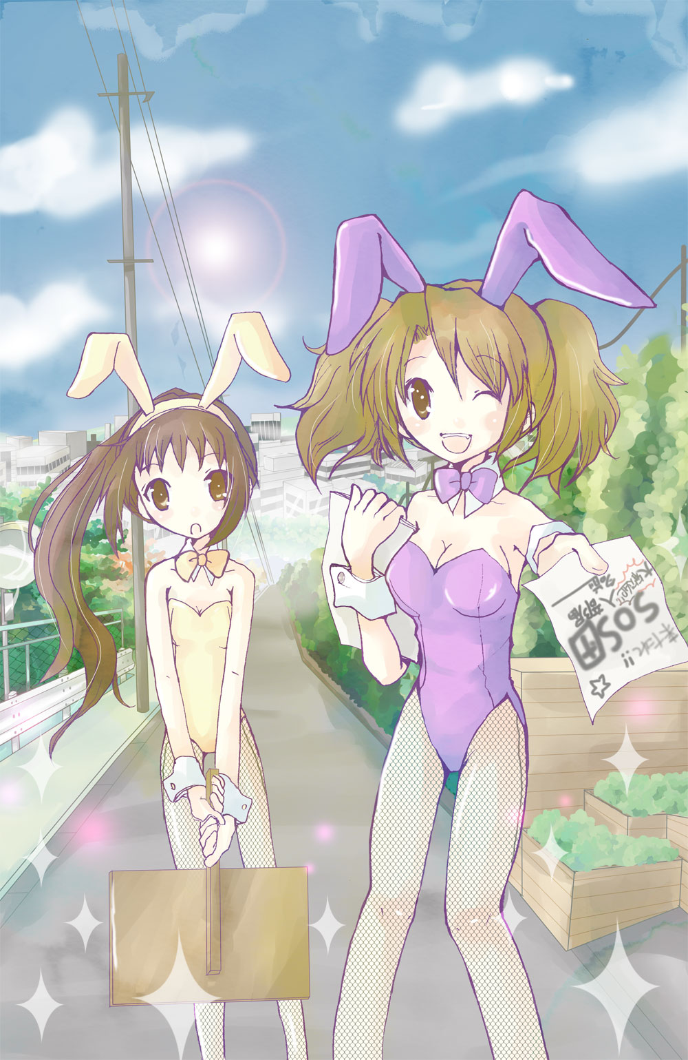 nishikawa rina, koizumi itsuki, koizumi itsuki (female), kyon, kyonko, suzumiya haruhi no yuuutsu, highres, 00s, 2girls, animal ears, fake animal ears, fishnet pantyhose, fishnets, genderswap, genderswap (mtf), leotard, long hair, multiple girls, pantyhose, playboy bunny, ponytail, rabbit ears