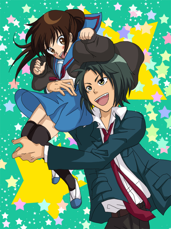 hasuko (ryuugetsu shuan), kyon, kyonko, tsuruya, suzumiya haruhi no yuuutsu, bad id, bad pixiv id, 00s, 1boy, 1girl, bad anatomy, fang, genderswap, genderswap (ftm), genderswap (mtf), ponytail, poorly drawn, star (symbol), thighhighs
