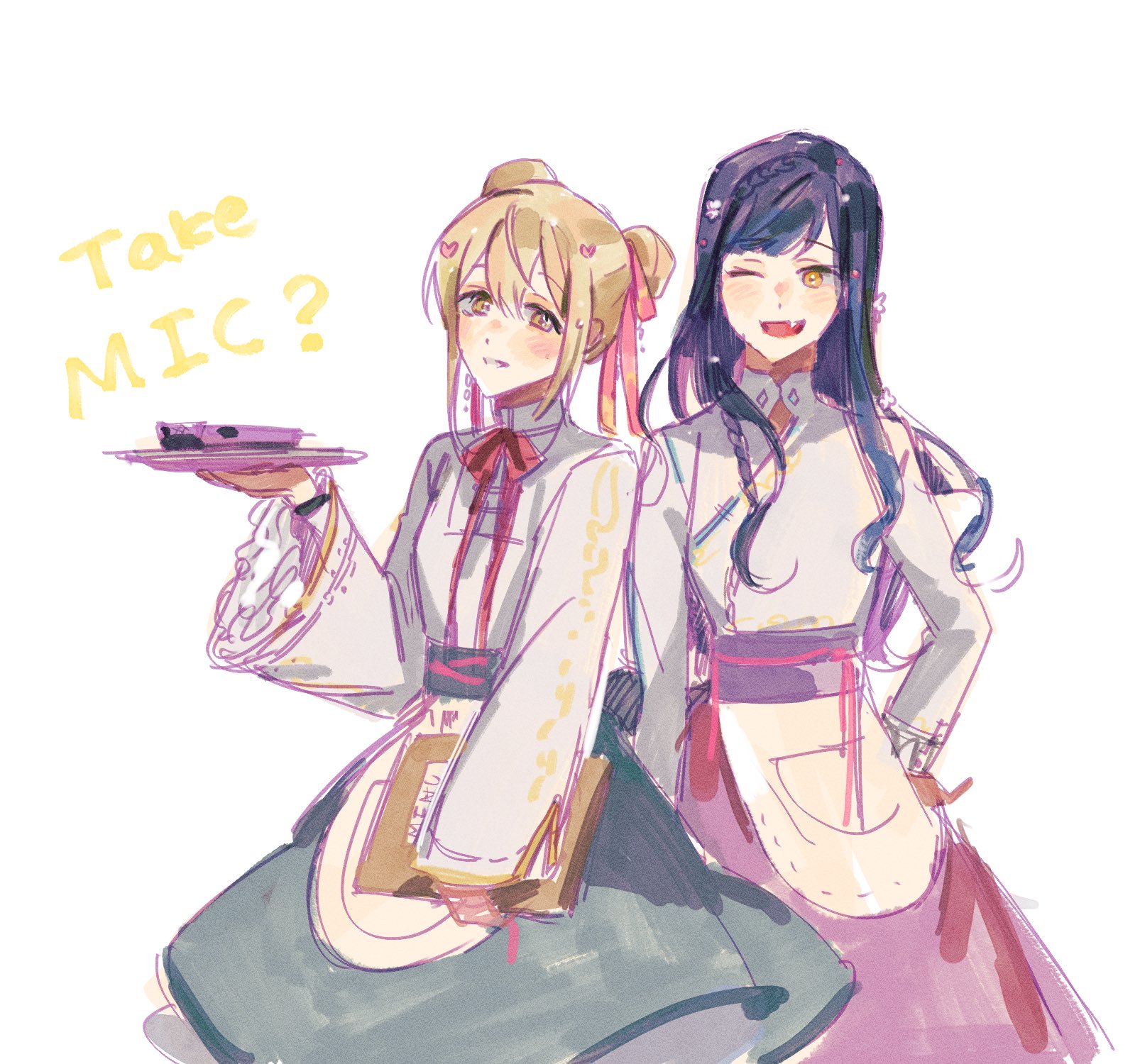 azusawa kohane, shiraishi an, project sekai, commentary request, highres, korean commentary, 25imfine, 2girls, blonde hair, double bun, english text, hair bun, long hair, long sleeves, looking at viewer, multiple girls, orange eyes, purple hair, waitress, white background, wide sleeves, yellow eyes