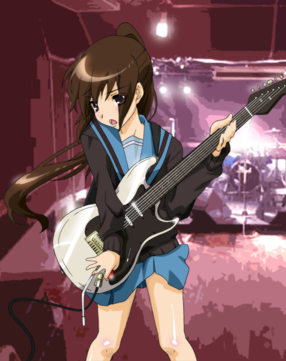 yuukami (wittsu), kyon, kyonko, suzumiya haruhi no yuuutsu, gender request, highres, 00s, 1girl, electric guitar, female focus, genderswap, guitar, instrument, ponytail, school uniform, serafuku, solo