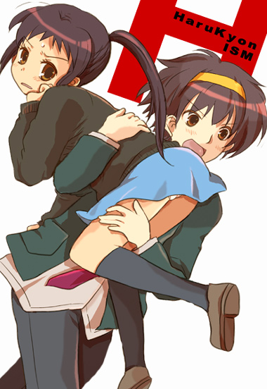 honami yuu, kyon, kyonko, suzumiya haruhi, suzumiya haruhiko, suzumiya haruhi no yuuutsu, bad id, bad pixiv id, 00s, 1boy, 1girl, carrying, carrying over shoulder, genderswap, genderswap (ftm), genderswap (mtf), ponytail, school uniform, serafuku, you gonna get raped