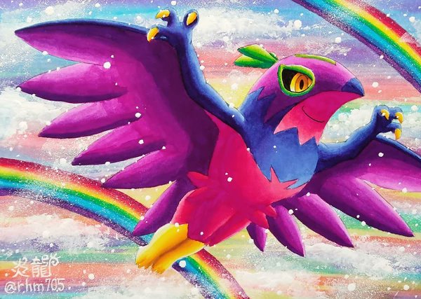 enryuu (pixiv3483358), hawlucha, nintendo, pokemon, commentary, commentary request, alternate color, artist name, closed mouth, full body, gen 6 pokemon, orange eyes, outstretched arms, pokemon (creature), pokemon focus, rainbow, shiny pokemon, smile, talons, wings