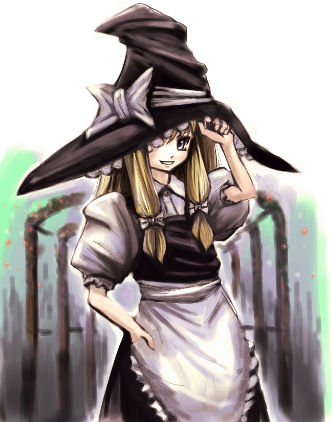 kii, kii (point9), kirisame marisa, touhou, 1girl, blonde hair, blue eyes, female focus, hand on headwear, hat, solo, witch, witch hat