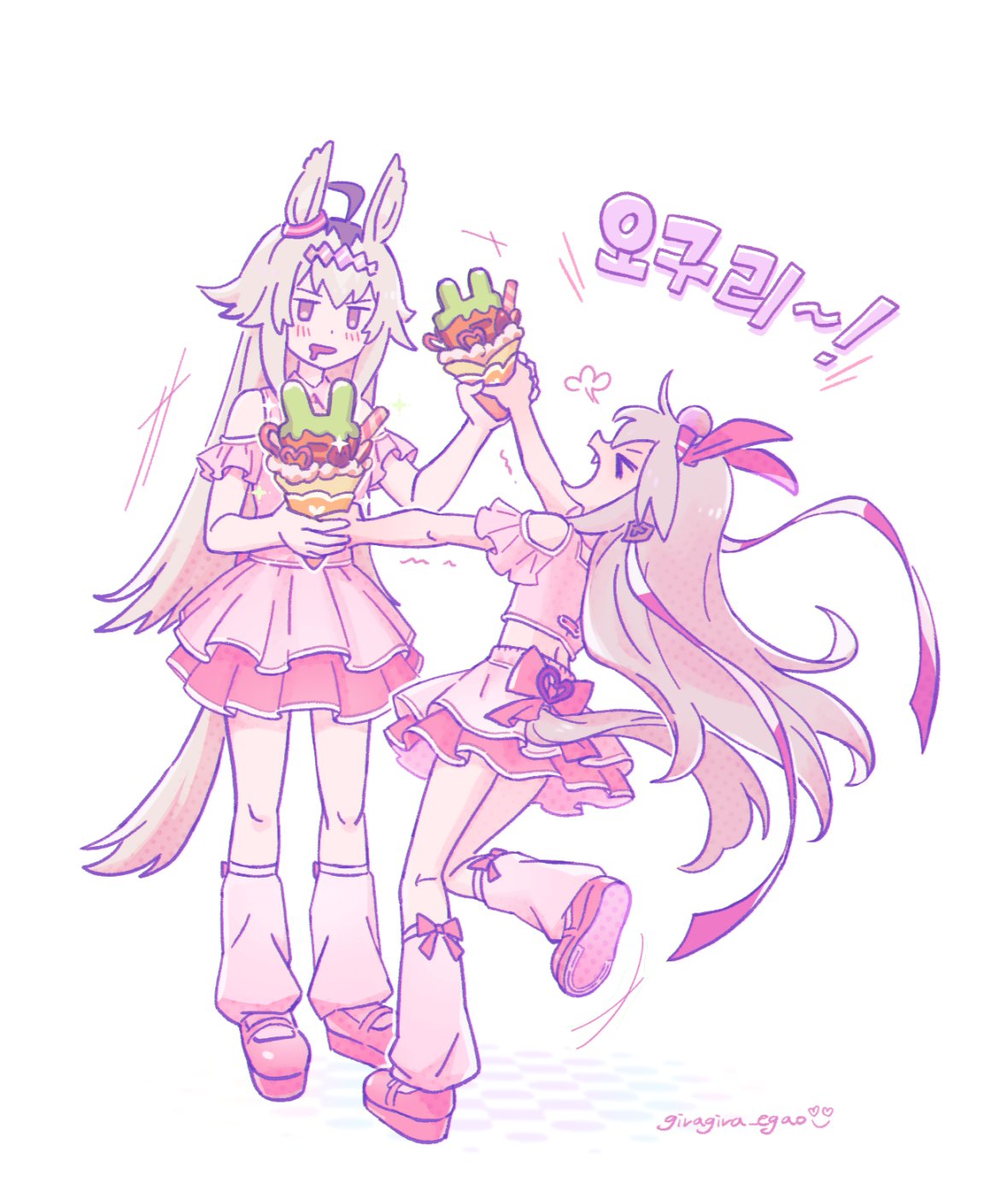 oguri cap (umamusume), tamamo cross (umamusume), umamusume, umamusume: cinderella gray, highres, 2girls, ahoge, alternate costume, animal ears, bare shoulders, blush, brown hair, carrot, cinnamon stick, closed eyes, crepe, drooling, ear covers, ear ornament, fang, food, giragira egao, glutton, grey hair, grey tail, hair between eyes, hair ornament, hairband, headband, holding, holding crepe, holding food, horse ears, horse girl, horse tail, layered skirt, long hair, loose socks, midriff, mouth drool, multicolored hair, multiple girls, open mouth, pink hairband, pink shirt, pink skirt, pink socks, red headband, shirt, shoes, skirt, smile, socks, striped clothes, striped hairband, tail, very long hair, white hairband