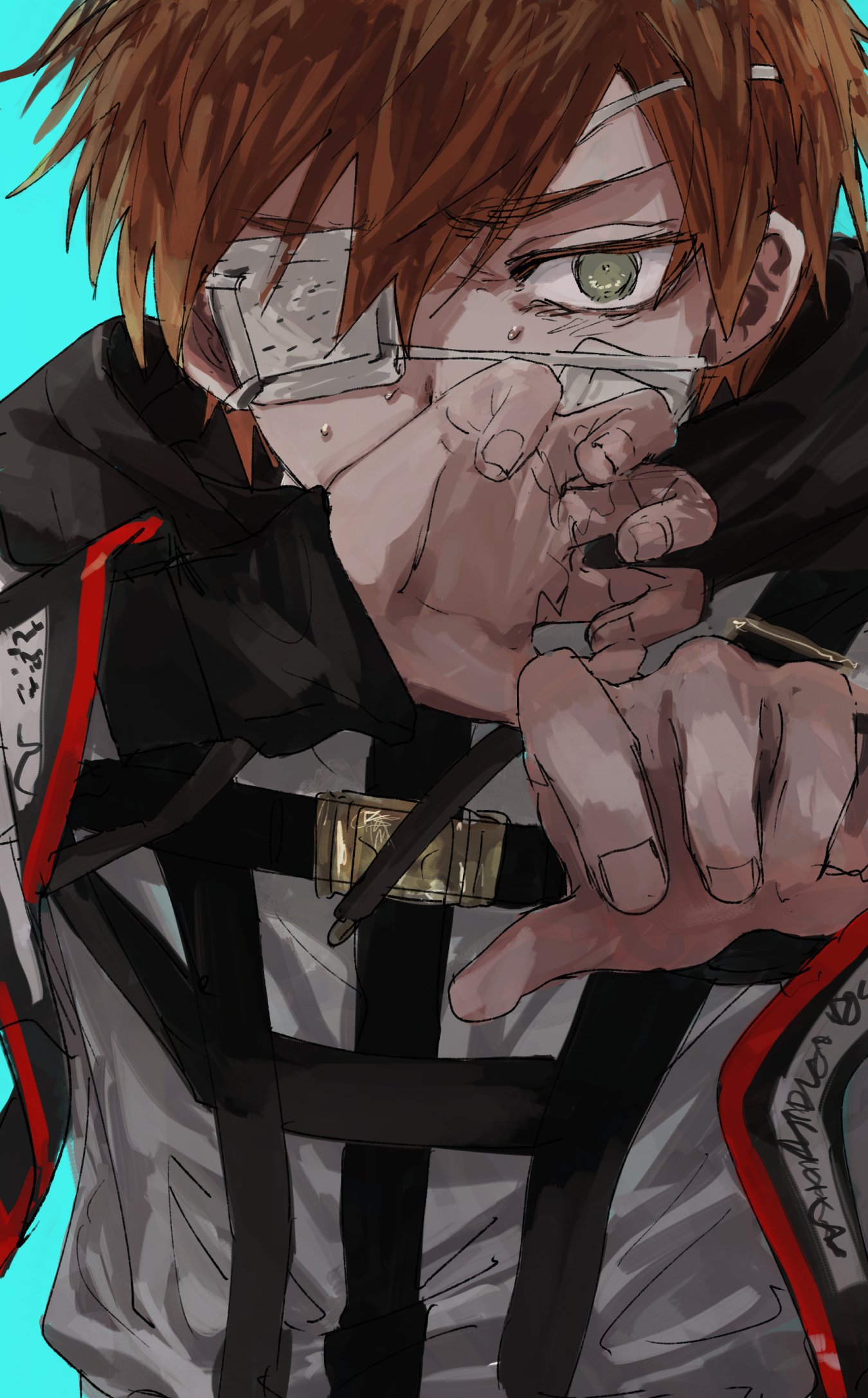 kajiyama fuuta, milgram, highres, 1boy, aqua background, bandage on cheek, bandage on face, bandages, belt, black hoodie, colored eyelashes, covering own mouth, eyepatch, fingernails, furrowed brow, hair between eyes, hand up, hood, hood down, hoodie, looking at viewer, male focus, medical eyepatch, multiple belts, naresaka menko, red hair, short hair, solo, straitjacket, sweat, sweatdrop