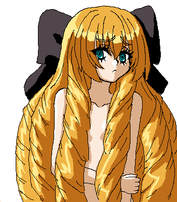 lowres, 1girl, blonde hair, bow, female focus, holding own arm, nipples, nude, oekaki, simple background, solo