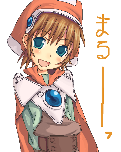 marguerite fatima, xenogears, lowres, 1girl, aqua eyes, arms behind back, blush, brown hair, female focus, green eyes, hat, oekaki, open mouth, orange hat, smile, solo