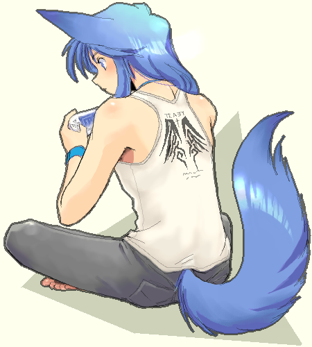 yagisaka seto, follower (yagisaka seto), original, lowres, 1boy, animal ears, barefoot, blue hair, handheld game console, male focus, oekaki, playstation portable, solo, tail