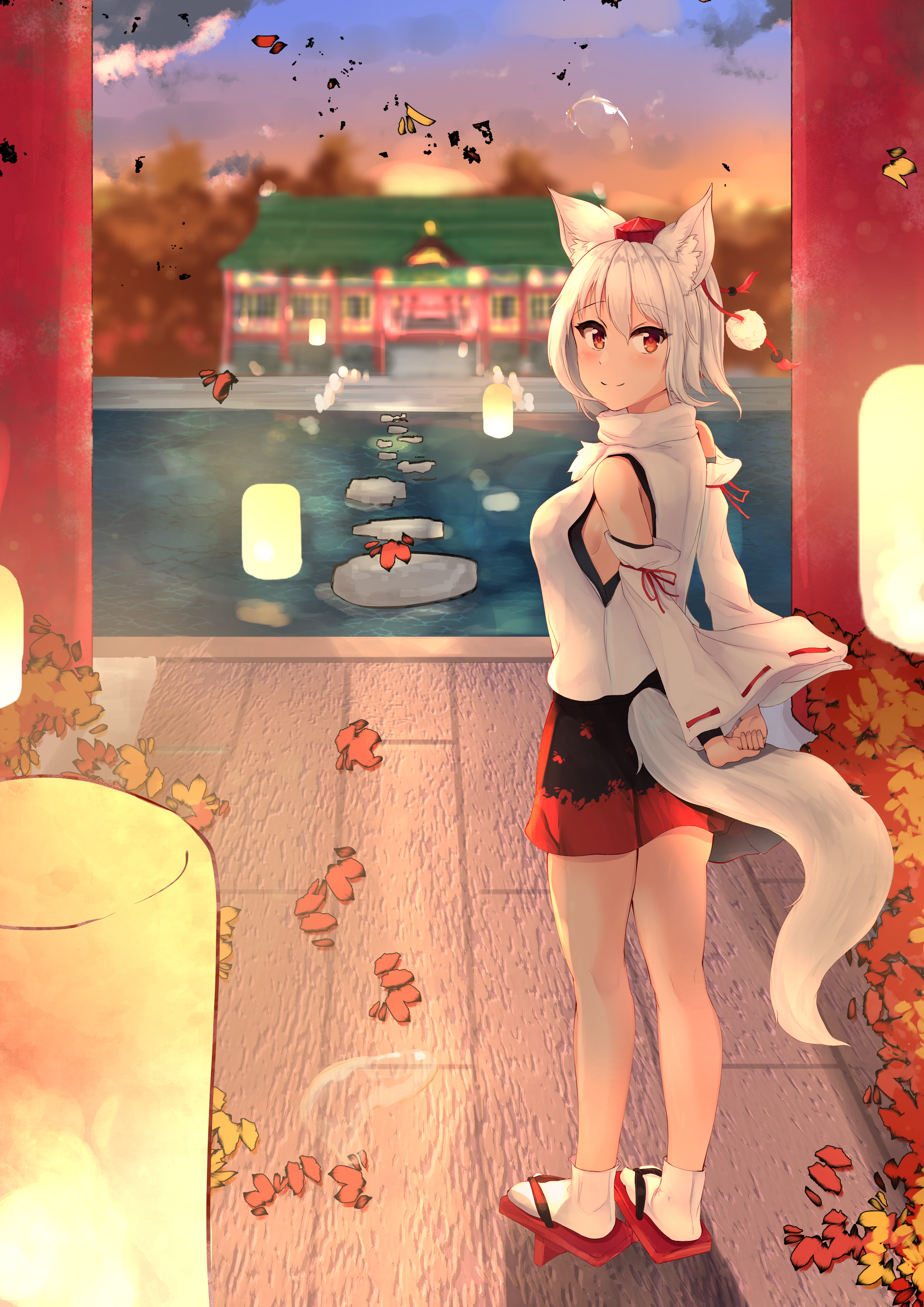 genrou mof, inubashiri momiji, touhou, absurdres, commentary request, highres, 1girl, animal ear fluff, animal ears, arms behind back, black skirt, black trim, blue sky, blurry, blurry background, breasts, building, closed mouth, detached sleeves, from behind, geta, gradient sky, hair between eyes, hat, lantern, leaf, long sleeves, looking at viewer, looking back, maple leaf, medium hair, orange sky, outdoors, pool, purple sky, red eyes, red hat, red ribbon, red shoes, red skirt, ribbon, ribbon-trimmed sleeves, ribbon trim, shirt, shoes, skirt, sky, smile, socks, solo, split mouth, stepping stones, sunset, tail, tengu-geta, tokin hat, turning head, two-tone skirt, white hair, white shirt, white socks, wide sleeves, wolf ears, wolf girl, wolf tail, wooden floor
