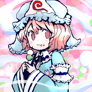 saigyouji yuyuko, touhou, lowres, 1girl, blue hat, dango, female focus, food, hat, mob cap, oekaki, sanshoku dango, solo, wagashi