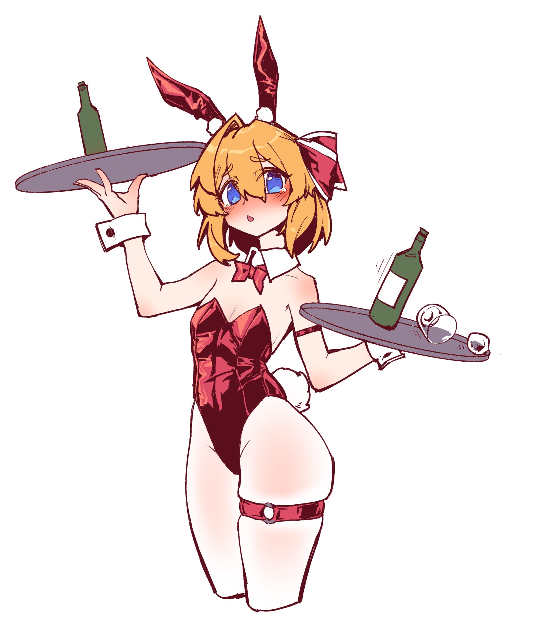 stank, original, highres, 1girl, animal ears, arm ribbon, bare shoulders, blonde hair, blue eyes, blush, bottle, bow, bowtie, breasts, collar, cup, d'orsay heels, drinking glass, fake animal ears, hair bow, hand up, high heels, holding, holding plate, ice, ice cube, leotard, nose blush, pantyhose, plate, playboy bunny, rabbit ears, rabbit tail, red bow, red bowtie, red leotard, red shoes, ribbon, shoes, short hair, shot glass, simple background, skindentation, small breasts, strappy heels, tail, thigh strap, white collar, white pantyhose, white wrist cuffs, wrist cuffs