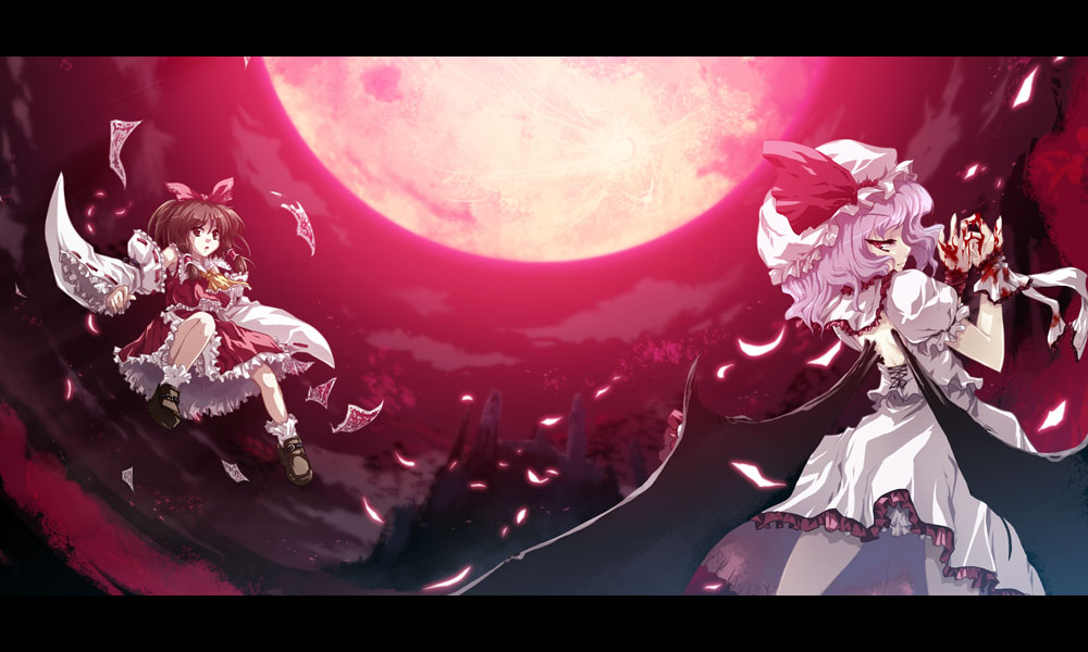 tokiame, hakurei reimu, remilia scarlet, touhou, 2girls, ascot, bat wings, blood, blood on hands, blouse, female focus, full moon, hat, letterboxed, looking back, mob cap, moon, multiple girls, ofuda, red moon, shirt, socks, white hat, white shirt, wings, yellow ascot