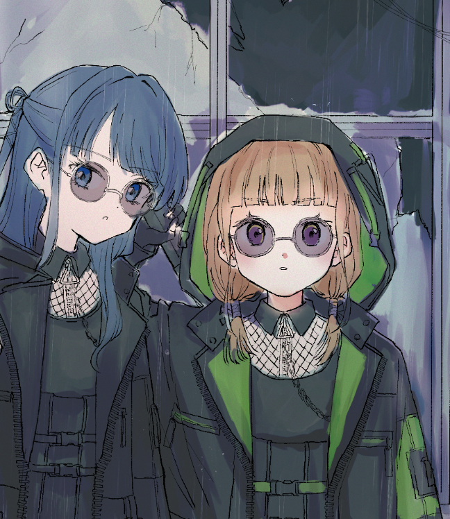 white (waterwhite), kachimachi kosuzu, murano sayaka, link! like! love live!, love live!, commentary request, unfinished, 2girls, black coat, black gloves, black shirt, blue eyes, blue hair, blunt bangs, broken window, brown hair, coat, dollchestra, fishnet top, fishnets, gloves, half gloves, half updo, holding, hood, hood down, hood up, i my mayday, long hair, looking at viewer, low twintails, multiple girls, official alternate costume, official alternate hairstyle, open clothes, open coat, parted lips, pink eyes, rain, round eyewear, shirt, short twintails, sidelocks, sunglasses, twintails, virtual youtuber, window
