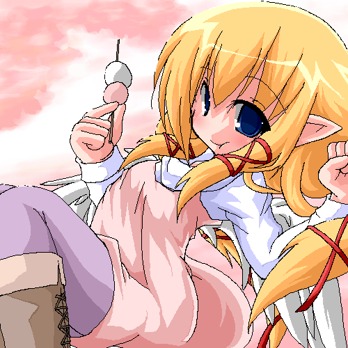 kanidiru, kanijiru, lowres, 1girl, blonde hair, dango, female focus, food, oekaki, pantyhose, pointy ears, purple pantyhose, sanshoku dango, solo, wagashi, wings