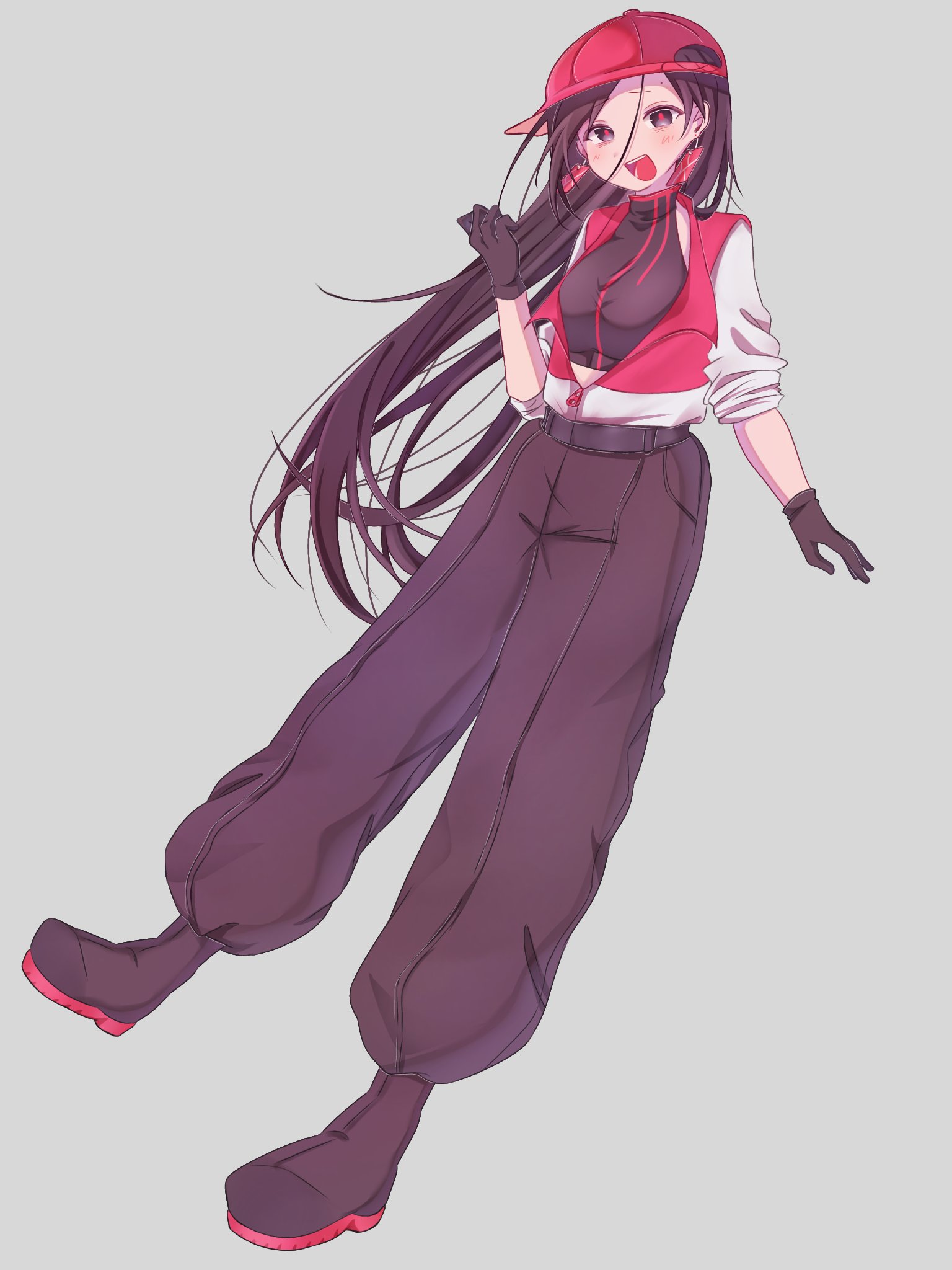 yi xi (synthesizer v), synthesizer v, vimalion pro, highres, 1girl, baseball cap, black boots, black eyes, black gloves, black hair, black pants, black shirt, boots, crop top, earrings, full body, gloves, grey background, hat, jacket, jewelry, long hair, open mouth, pants, red hat, red pupils, red trim, shirt, sig 61, simple background, teeth, upper teeth only, white jacket
