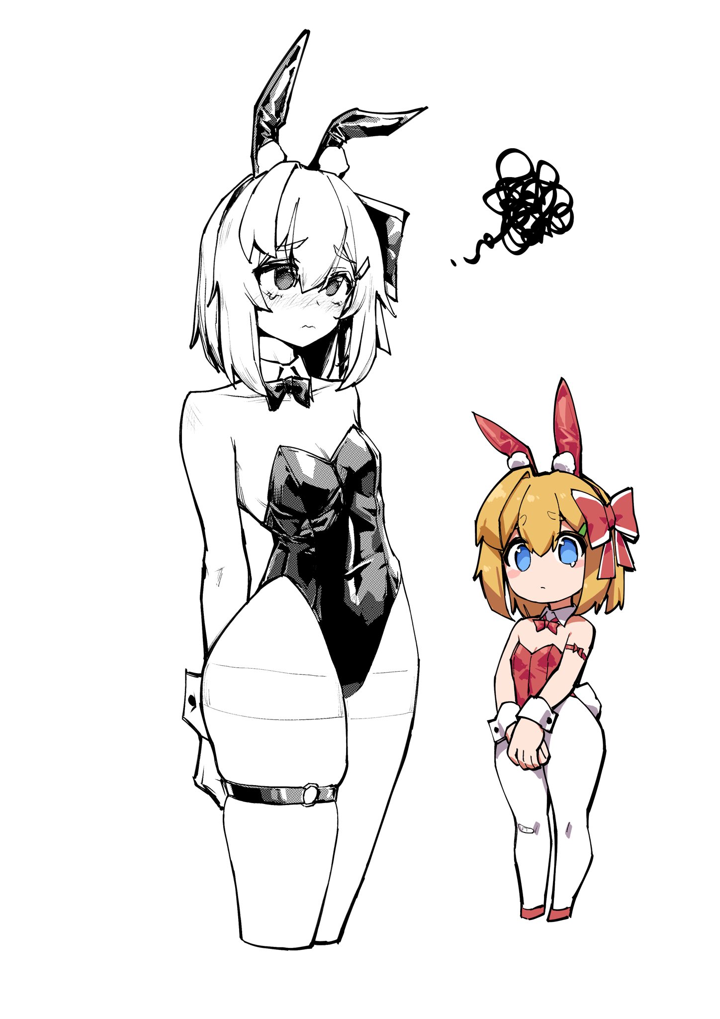 stank, original, highres, 1girl, animal ears, aqua eyes, arm ribbon, bare shoulders, blonde hair, blush, bow, bowtie, breasts, collar, d'orsay heels, dual persona, fake animal ears, hair bow, high heels, leotard, monochrome, nose blush, pantyhose, playboy bunny, rabbit ears, red bow, red bowtie, red leotard, red shoes, ribbon, shoes, short hair, simple background, skindentation, small breasts, standing, strappy heels, tearing up, thigh strap, thighband pantyhose, white collar, white pantyhose, white wrist cuffs, wrist cuffs