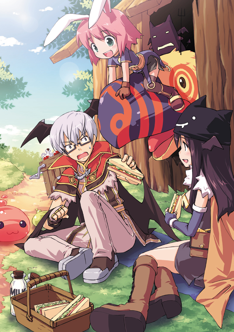 sakura misaki (artist), sakura misaki (sakura densetsu), alchemist (ragnarok online), archer (ragnarok online), deviruchi, high wizard (ragnarok online), peco peco, poring, ragnarok online, 1boy, 2girls, alchemist, animal ears, armor, boots, breastplate, child, cloud, day, food, hat, long hair, multiple girls, pink hair, rabbit ears, short hair, wings