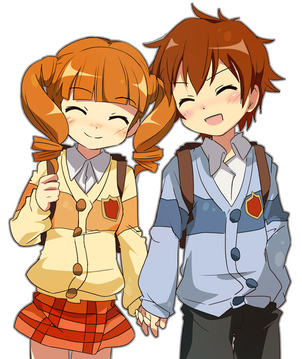 ixy, kogure kakeru, yumeno uta, onegai my melody, sanrio, 00s, 1boy, 1girl, :d, ^ ^, backpack, bag, blush, brown hair, cardigan, closed eyes, couple, cowboy shot, drill hair, hetero, holding hands, interlocked fingers, long hair, long sleeves, open mouth, pants, simple background, skirt, smile, twin drills, twintails, white background