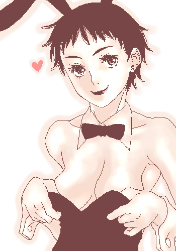 gusu, lowres, 1girl, animal ears, breasts, cleavage, fake animal ears, female focus, large breasts, leotard, monochrome, oekaki, pink theme, playboy bunny, rabbit ears, sepia, solo
