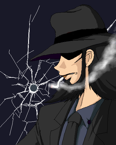 jigen daisuke, lupin iii, tms entertainment, lowres, 1boy, beard, bullet hole, cigarette, facial hair, fedora, hat, male focus, oekaki, smoking, solo