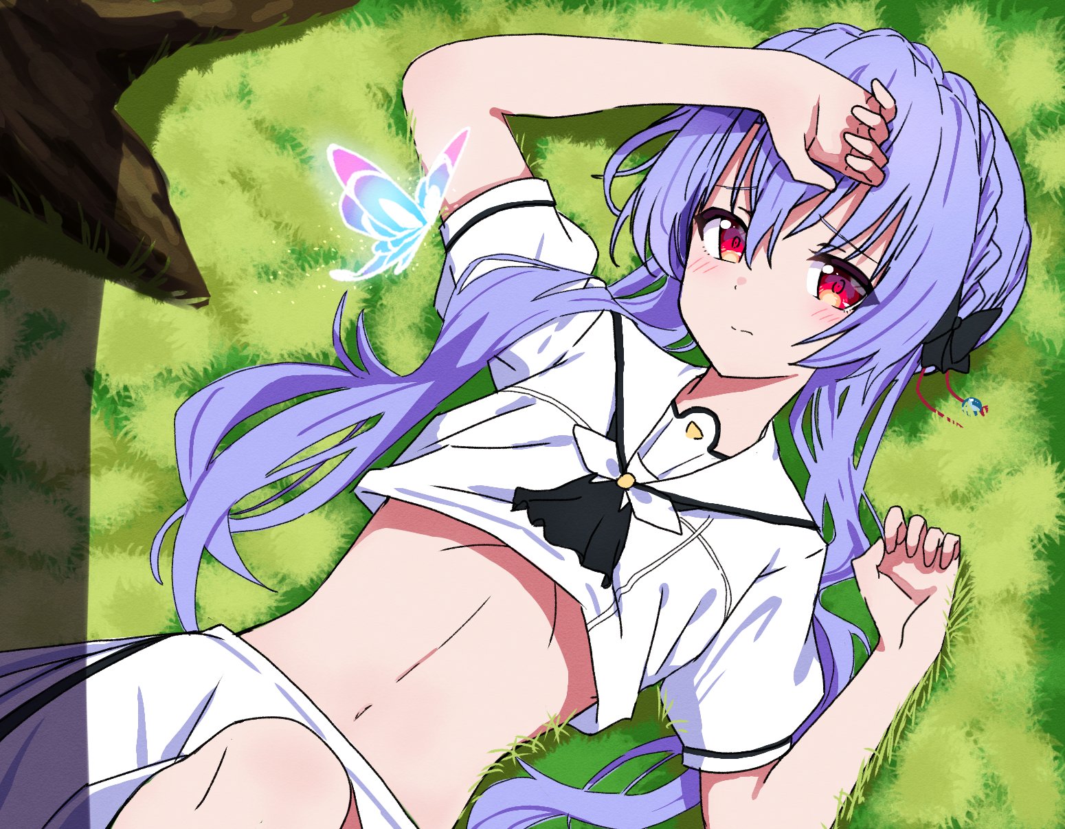 poteto furai, sorakado ao, summer pockets, commentary request, highres, 1girl, animal print, ascot, black ascot, black bow, blue butterfly, blue hair, blush, bow, braid, bug, butterfly, butterfly print, closed mouth, clothes lift, cowboy shot, crown braid, day, dutch angle, from above, frown, furrowed brow, glowing butterfly, grass, hair between eyes, hair bow, hair ribbon, hair spread out, hands up, insect, light particles, long hair, looking at viewer, lying, navel, on back, on grass, outdoors, red eyes, red pupils, red ribbon, ribbon, sailor collar, school uniform, serafuku, shadow, shirt, shirt lift, short sleeves, sidelocks, skirt, solo, split mouth, stomach, summer pockets school uniform, tree, very long hair, white sailor collar, white serafuku, white shirt, white skirt