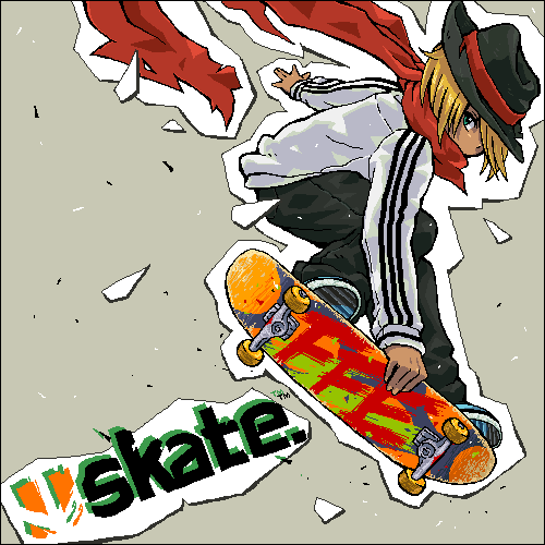 gender request, lowres, androgynous, hat, oekaki, scarf, skateboard, solo