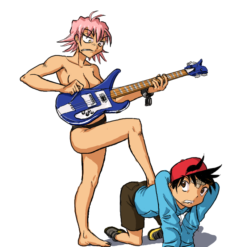 haruhara haruko, nandaba naota, flcl, 00s, accidental pervert, breasts, cleavage, clothed male nude female, female pervert, guitar, instrument, legs, looking at another, nervous, nude, pervert, pink hair, serious, short hair, topless female, yellow eyes