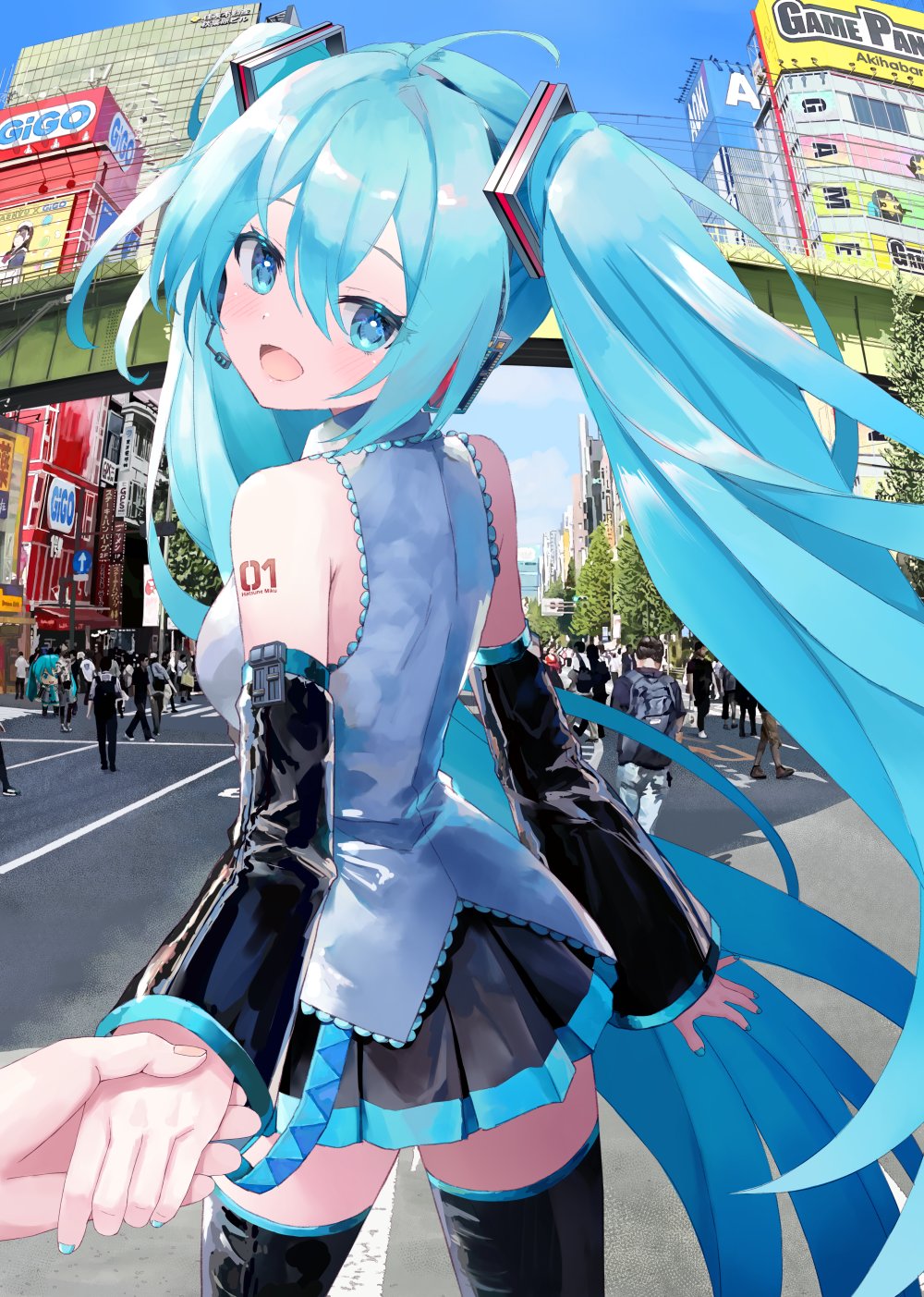 takepon1123, hatsune miku, mikudayo, vocaloid, commentary, commentary request, english commentary, highres, mixed-language commentary, 1girl, akihabara (tokyo), aqua eyes, aqua hair, aqua nails, black sleeves, blue sky, blush, detached sleeves, grey shirt, headphones, headset, holding hands, long hair, looking at viewer, miniskirt, number tattoo, outdoors, road, shirt, skirt, sky, tattoo, twintails, very long hair