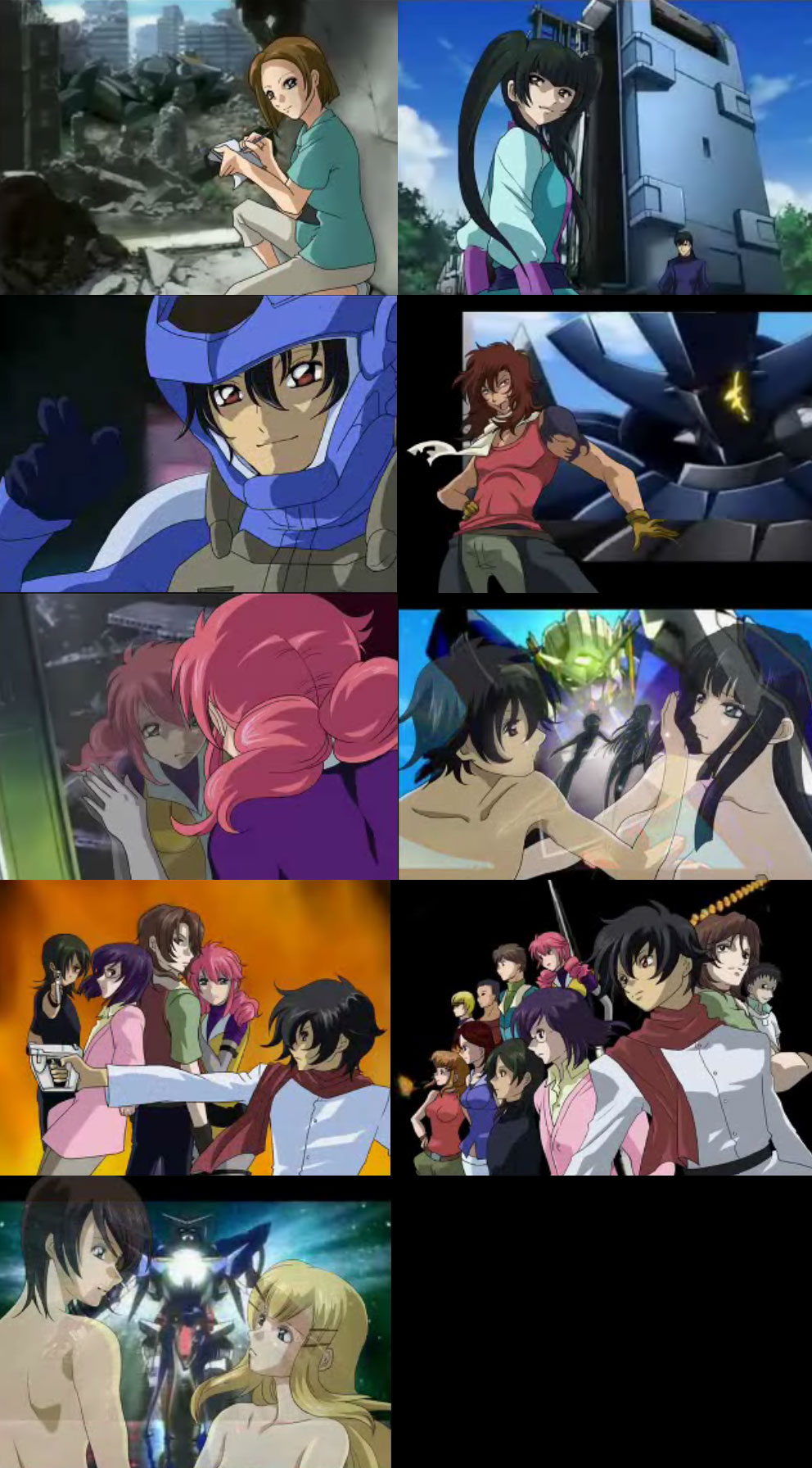 hirai hisashi, ali al-saachez, allelujah haptism, christina sierra, feldt grace, kinue crossroad, lockon stratos, louise halevy, marina ismail, saji crossroad, setsuna f. seiei, sumeragi lee noriega, tieria erde, wang liu mei, gundam, gundam 00, gundam seed, anime screenshot, highres, third-party edit, 6+boys, 6+girls, mecha, multiple boys, multiple girls, parody, robot