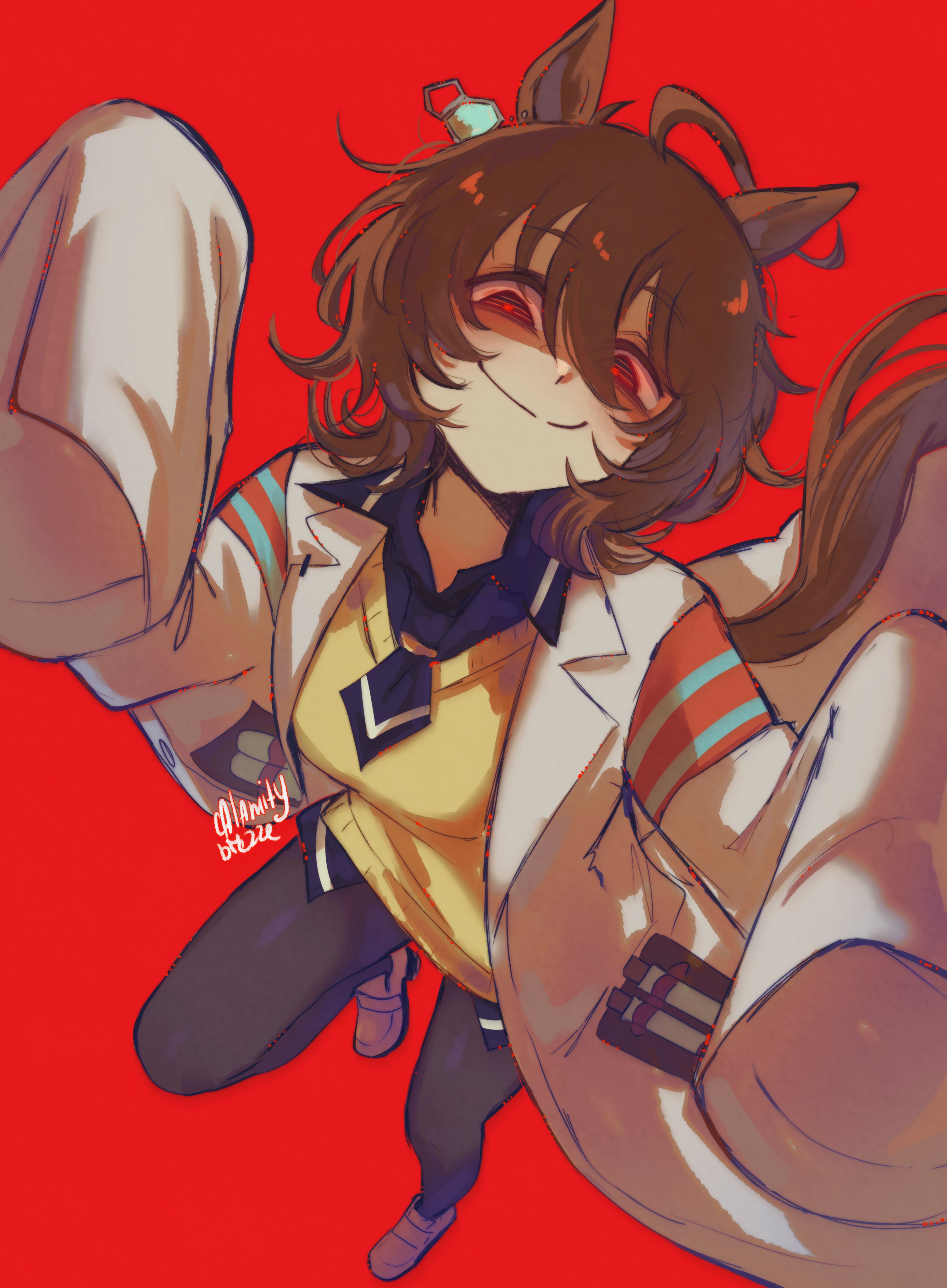calamity brezze, agnes tachyon (umamusume), umamusume, absurdres, highres, 1girl, ahoge, animal ears, black necktie, brown hair, closed mouth, coat, horse ears, horse girl, horse tail, lab coat, necktie, red background, red eyes, short necktie, simple background, sleeves past fingers, sleeves past wrists, smile, solo, sweater, tail, test tube, white coat, yellow sweater
