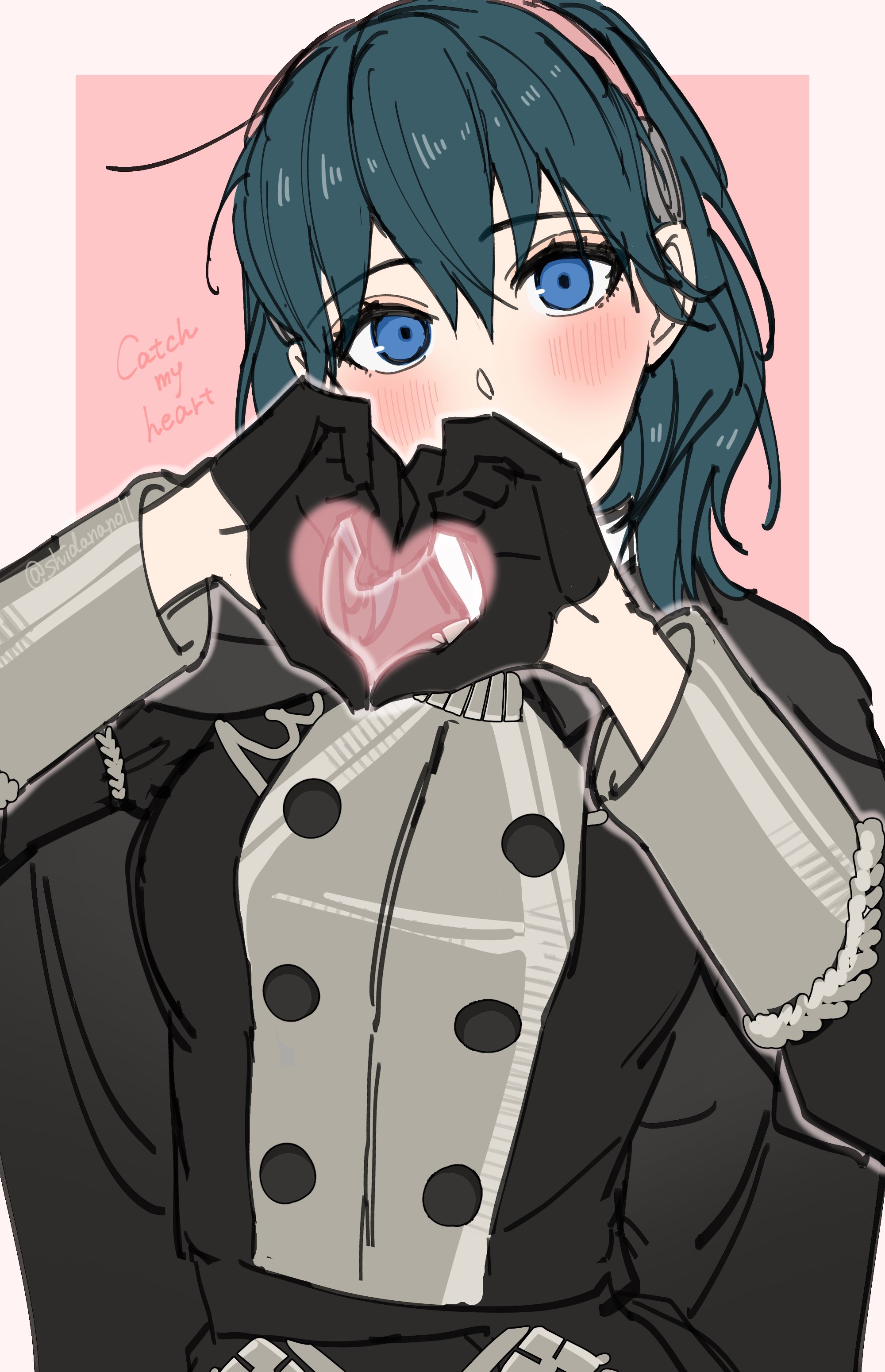 shidanano11, female byleth (fire emblem), fire emblem, fire emblem: three houses, nintendo, absurdres, commentary, highres, 1girl, black cape, black gloves, blue eyes, blue hair, blush, border, buttons, cape, english text, garreg mach monastery uniform, gloves, hair between eyes, hairband, half gloves, head tilt, heart, heart hands, long hair, long sleeves, official alternate costume, outside border, pink background, pink hairband, simple background, solo, twitter username, white border
