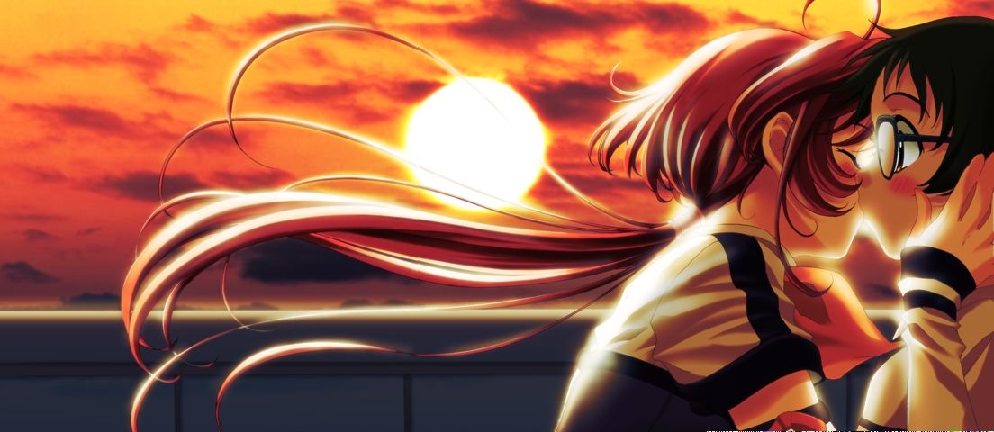 konsu konsuke, hirota asumi, heart de roommate, game cg, non-web source, 1boy, 1girl, ahoge, black hair, blush, closed eyes, couple, glasses, hetero, kiss, long hair, outdoors, ponytail, red hair, school uniform, serafuku, sun, sunset, surprised